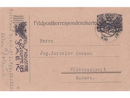 No.610, lístek PP zasl. v roce 1916 do Wildenschwertu