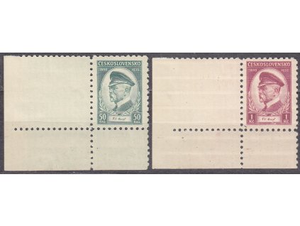 1935, 50h-1Kč Masaryk, levé dolní rohové kusy bez DČ - široký okraj!, Nr.285-6, **