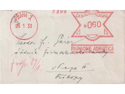 1933, DR Praha, frankotyp 60 h RIUNIONE ADRIATICA