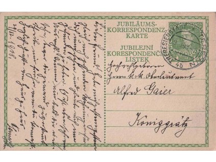 1908, DR Terezín, celinová pohlednice, prošlé