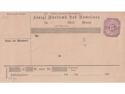 Württemberg, 1890, celinová obálka 15 Pf MiNr.AU 39