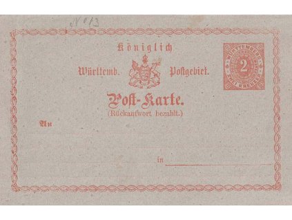 Württemberg, 1873, 2 Kr dopisnice MiNr.P14, dvojitá