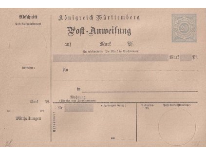 Württemberg, 1899, 20 Pf celinový formulář MiNr.A26