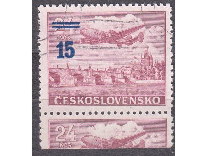 1949, 15/24Kčs Letecké, světle modrý přetisk, dolní okraj, Nr.L31a, razítkovaný, ilustrační foto