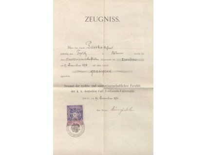 Zeugniss, vysvědčení z roku 1896, A4, přeloženo