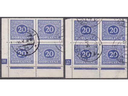 1928, 20Kč modrá, 2 rohové 4bloky s DČ 28 a 33, Nr.DL66, razítkované, ilustrační foto