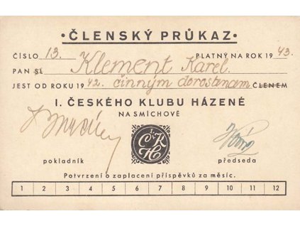 Házená, členský průkaz z roku 1943, I. český klub házené