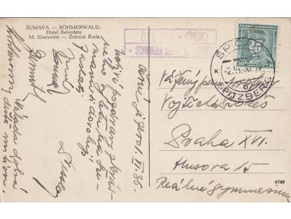 Černé Jezero (Špičák), DR Špičák, pohlednice zaslaná do Prahy