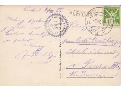 Čerchov, DR Česká Kubice, pohlednice zaslaná v roce 1924 Prahy