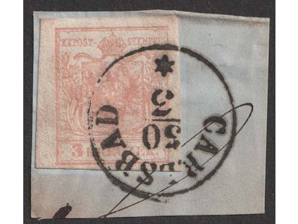 1850, 3 Kr Znak, DR Carlsbad, výstřižek, stopy stáří