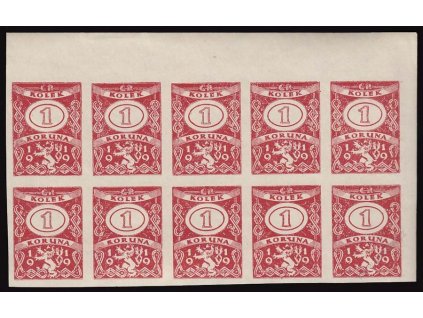 1Kč 1919, nezoubkovaný ZT kolku, rohový 10blok, **