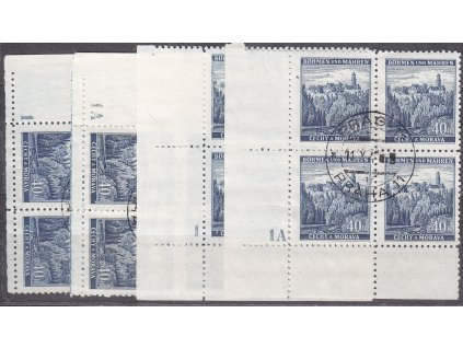 1939, 40h Zvíkov, rohové čtyřbloky s DČ1,1A, Nr.28, razítkované, ilustrační foto