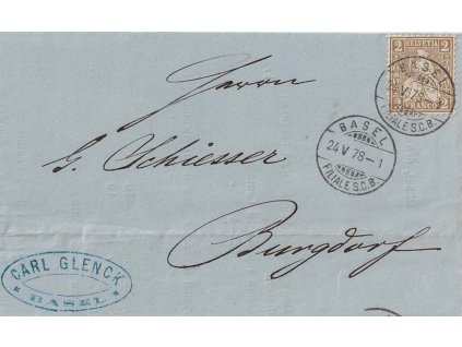 1878, DR Basel, skládaný dopis vyfr. zn. 2 C Helvetia