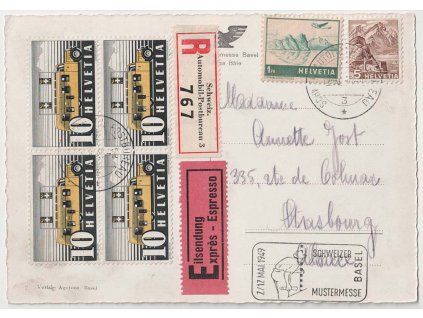 1949, DR Basel, R-Ex pohlednice, pestrá frankatura