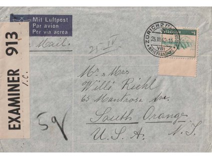 1942, DR Zürich, let dopis zaslaný do USA, , cenzura