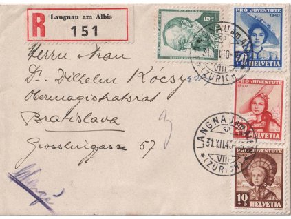 1940, DR Langnau am Albis, R-dopis zasl. do Bratislavy