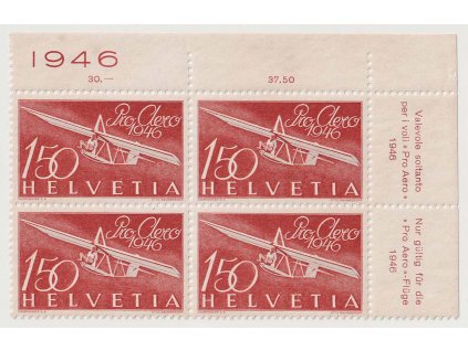 1946, 1.50 Fr letecká, rohový 4blok, skvrnky, Nr.470, **