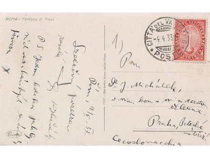1933, DR Vatican, pohlednice zaslaná do Prahy, hledané