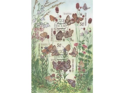 2002, 5.40-9 Kč aršík Motýli, Nr.A326-29, razítkované