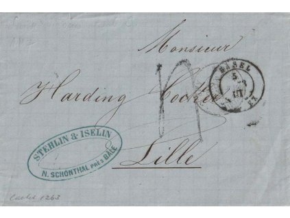 1857, DR Basel, skládaný dopis zasl. do Francie