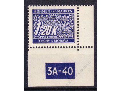 1.20K modrá, pravý roh. kus s DČ 3A-40, varianta X, Nr.DL10, **