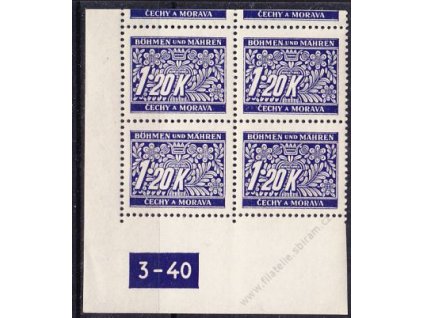 1.20K modrá, levý roh. 4blok s okrajem s DČ 3-40, varianta Y, Nr.DL10, **