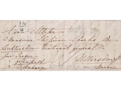 B. Teinitz 18/2, modrá razítka, skládaný dopis prošlý v roce 184?, malý formát, stopy stáří a poštovního provozu