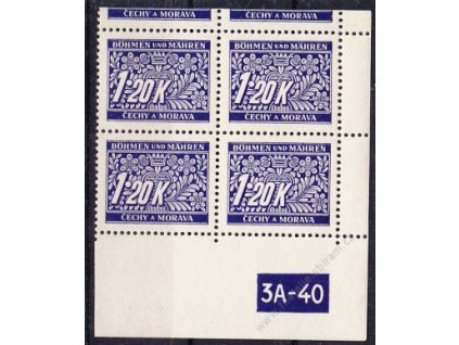 1.20K modrá, pravý roh. 4blok s okrajem s DČ 3A-40, varianta X, Nr.DL10, **