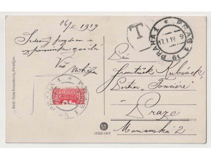 1919, pohlednice zasl. nevyplaceně v Praze v místě