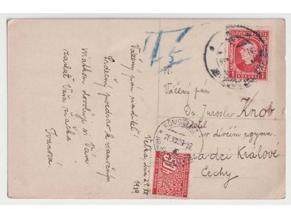 1939, DR Velká, pohlednice vyfr. zn. 1K Hlinka, prošlé