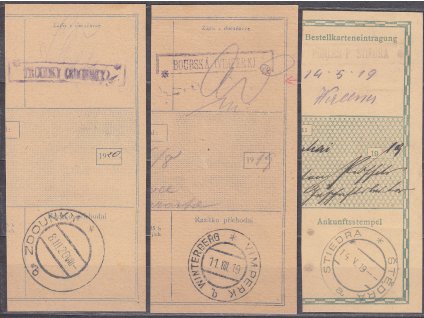 3 ks ústřižků průvodek se zn. Hradčany, na rubu s razítkem poštovny, každá jiná, 1919-20