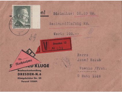 1943, DR Dresden, R-dobírka dopis zaslaný do Vsetína
