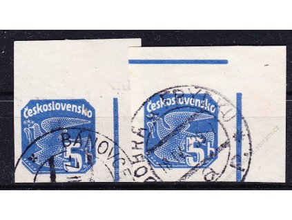 1937, 5h modrá, 2 pravé horní rohové kusy, 1krát lišta nahoře, 1krát bez, Nr.NV15, razítkova