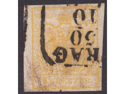 1850, 1 Kr žlutá Znak, MiNr.1, razítkované, lom