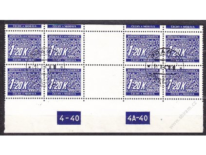 1.20K modrá, 4známkové 2meziarší s DČ 4-40 4A-40, horní okraj, Nr.DL10, razítkované, ilustra