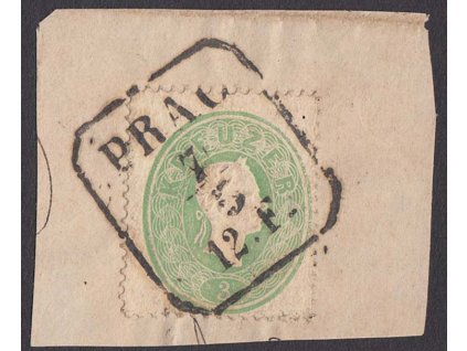 1860, 3 Kr Franc Josef, výstřižek, DR Prag, MiNr.19, dv