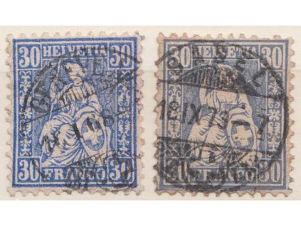 1867, 30 C Helvetia, barvy, MiNr.33a,b, razítko, faldy