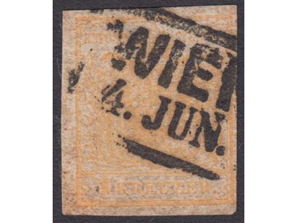 1850, 1 Kr žlutá Znak, MiNr.1, razítkované, stopy stáří