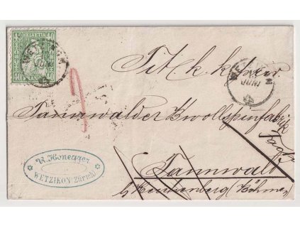 1866, skládaný dopis vyfr. 40 C Helvetia, DR Wetzikon
