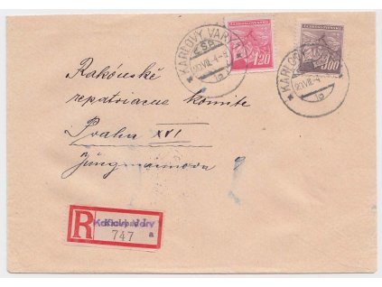 Karlovy Vary, R-dopis zaslaný v roce 1945 do Prahy