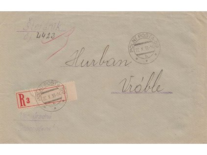 1938, PP 59, R-dopis zaslaný do Vráblů, omačkání