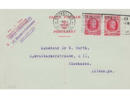 1927, DR Bruxelles, dopisnice 40+60C zasl. do Německa