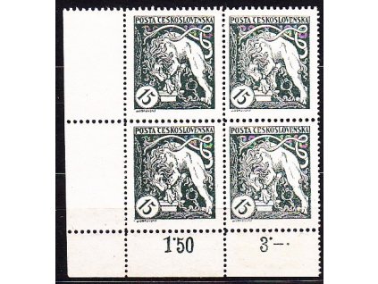 15h zelená, Řz.11 1/2:13 3/4, roh. 4blok s DZ - přerušená pomlčka, Nr.27B, **