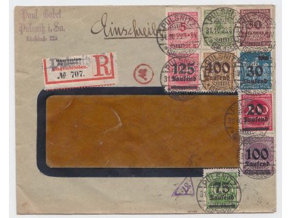 1923, R-firemní dopis vyfrankovaný pestrou frankaturou