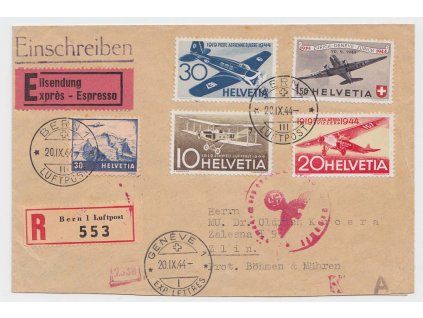 1944, R-Ex letecký dopis vyfrankovaný frankaturou