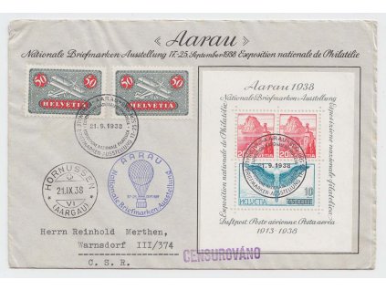 1938, letecký dopis vyfrankovaný pestrou frankaturou