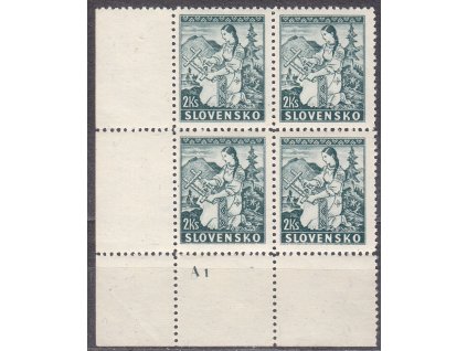 1939, 2Ks Lidové motivy, rastr, pr.1, roh. 4blok s DČ A1, Nr.40x, **, lehký lom v okraji mimo zn.