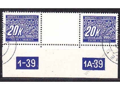 20K modrá, meziarší s DČ 1-30-1A-39, Nr.DL14, razítkované