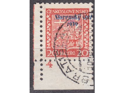 1939, 20h Znak, roh. kus s DČ 4, Nr.4, razítkované