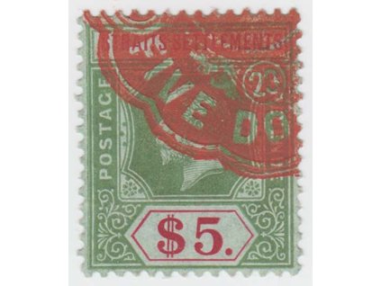 Straits Settlements, 1922, 5 Dolarů Jiří V., Nr.187, razítko, vada